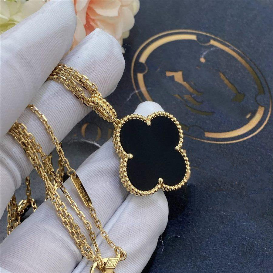 [Glow Jewelry]CLOVER 25MM GOLD ONYX BIG CLOVER NECKLACE