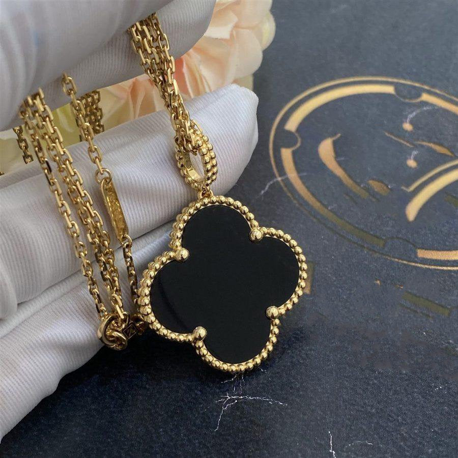 [Glow Jewelry]CLOVER 25MM GOLD ONYX BIG CLOVER NECKLACE