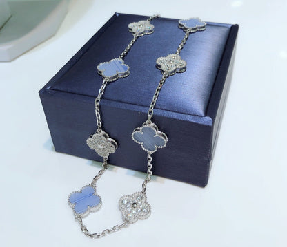 ¡®Glow Jewelry¡¯CLOVER 10 MOTIFS CHALCEDONY DIAMONDS SILVER NECKLACE