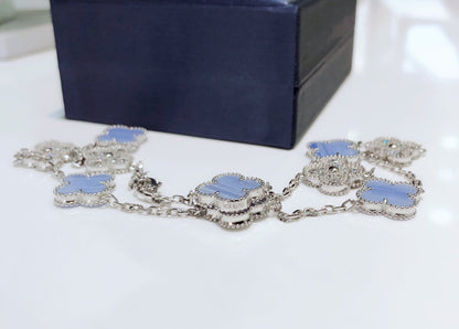 [Glow Jewelry]CLOVER 10 MOTIFS CHALCEDONY DIAMONDS SILVER NECKLACE
