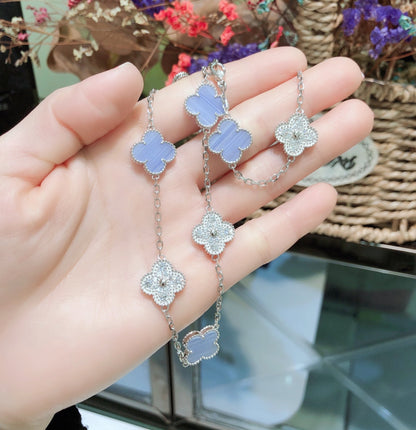 ¡®Glow Jewelry¡¯CLOVER 10 MOTIFS CHALCEDONY DIAMONDS SILVER NECKLACE