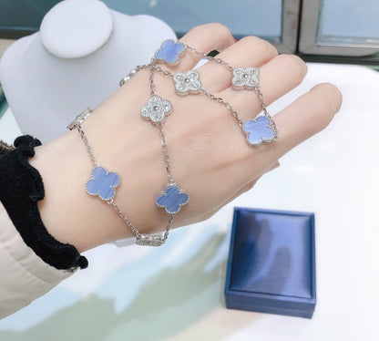 [Glow Jewelry]CLOVER 10 MOTIFS CHALCEDONY DIAMONDS SILVER NECKLACE