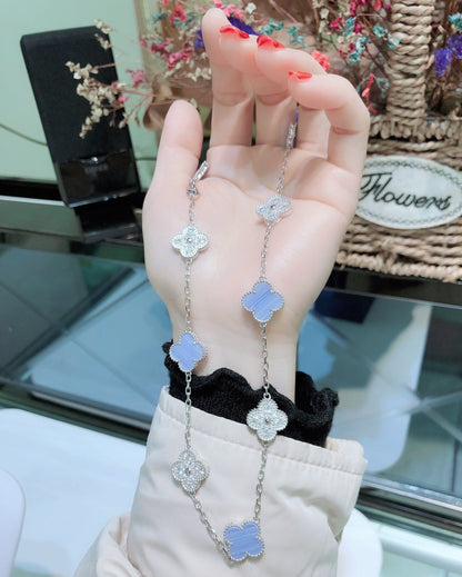 [Glow Jewelry]CLOVER 10 MOTIFS CHALCEDONY DIAMONDS SILVER NECKLACE